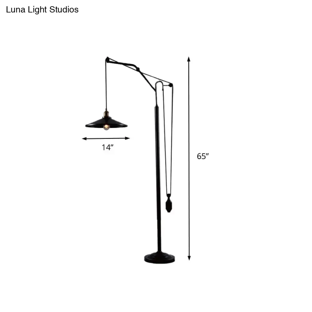 Industrial Flared Shade Metal Floor Lamp - Rotatable 1 Light Standing Light in Black for Living Room