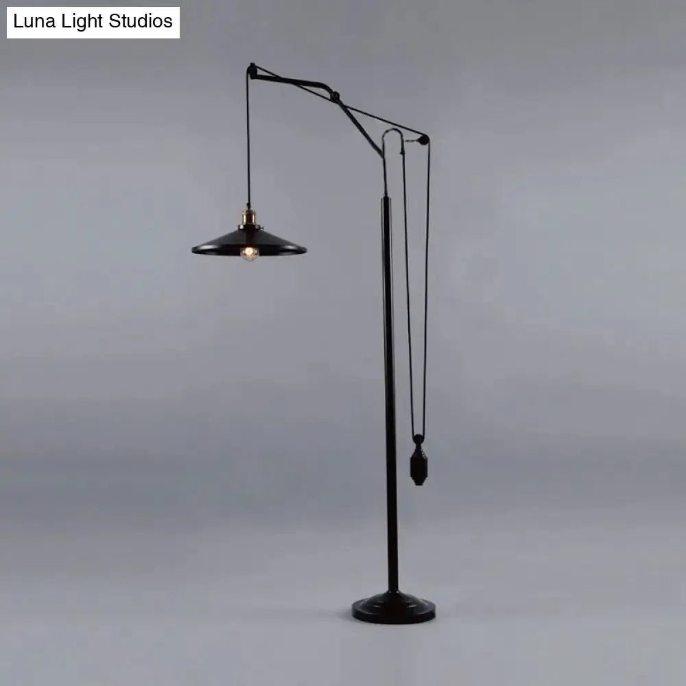 Industrial Flared Shade Metal Floor Lamp - Rotatable 1 Light Standing Light in Black for Living Room