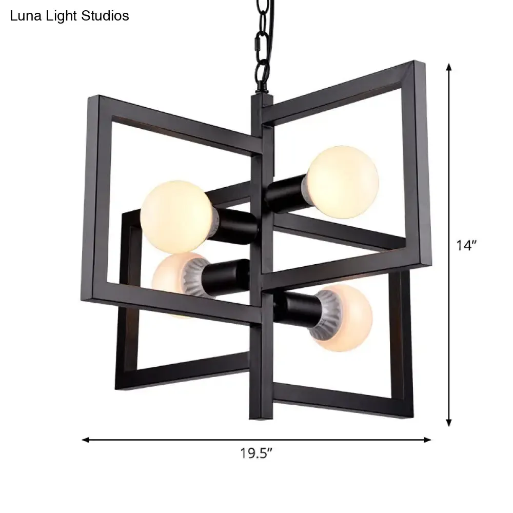 Industrial Iron Pendant Chandelier with 4 Lights for Square Living Rooms - Black