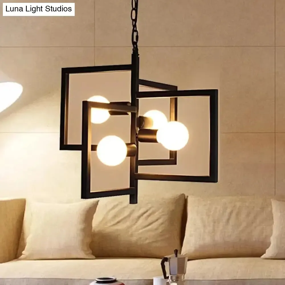 Industrial Iron Pendant Chandelier with 4 Lights for Square Living Rooms - Black