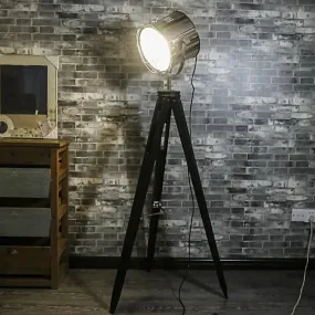 Industrial Loft Tripod Floor Lamp - Studio Spotlight Design - Metal and Wood - Black/White