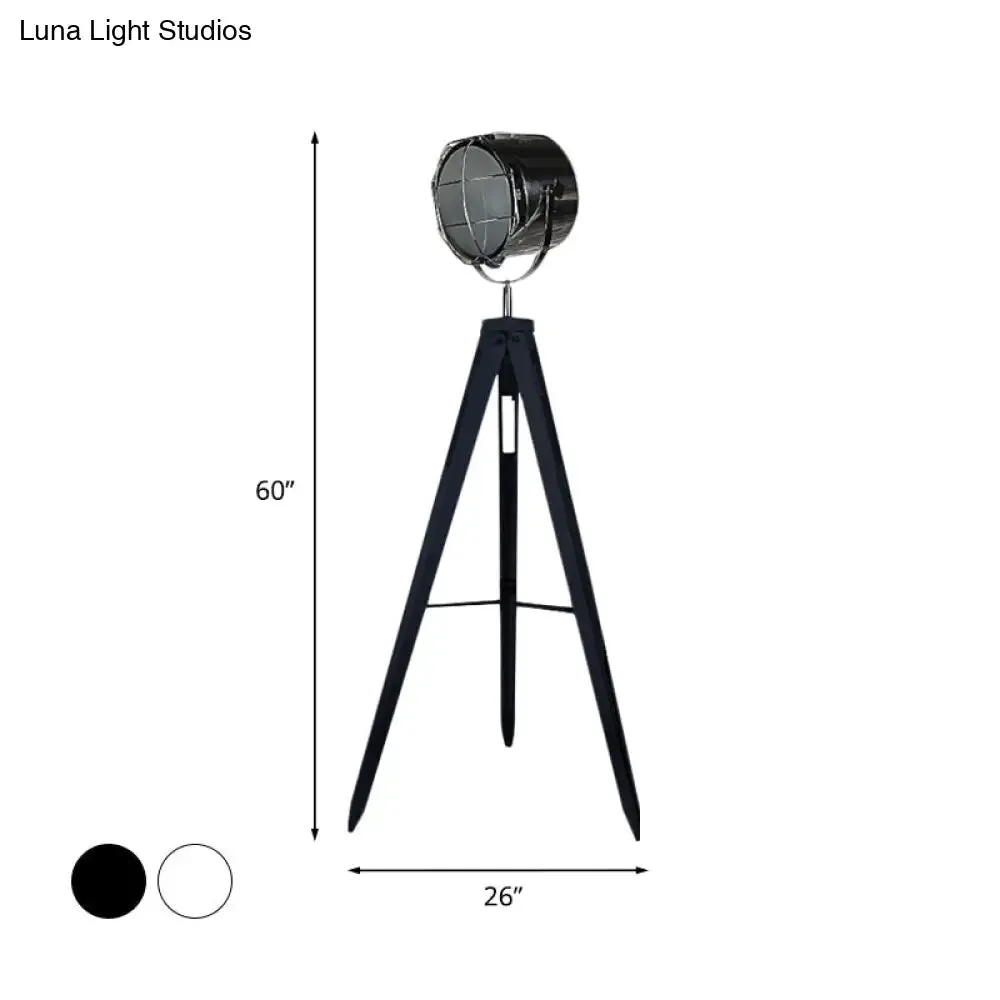 Industrial Loft Tripod Floor Lamp - Studio Spotlight Design - Metal and Wood - Black/White