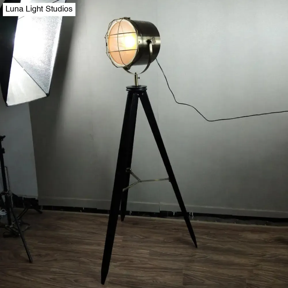 Industrial Loft Tripod Floor Lamp - Studio Spotlight Design - Metal and Wood - Black/White