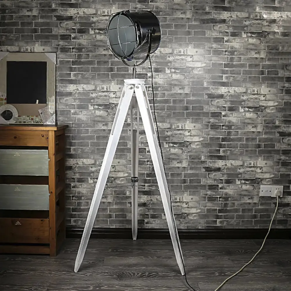 Industrial Loft Tripod Floor Lamp - Studio Spotlight Design - Metal and Wood - Black/White