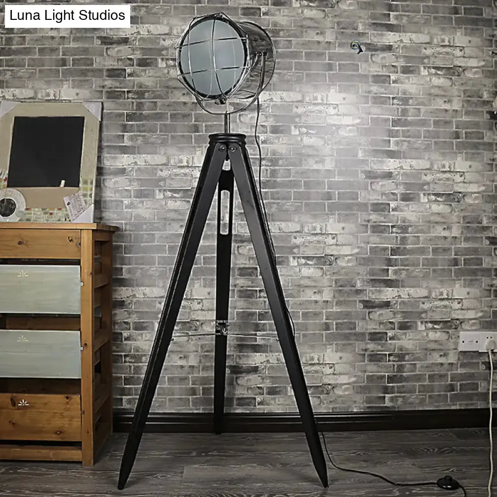 Industrial Loft Tripod Floor Lamp - Studio Spotlight Design - Metal and Wood - Black/White