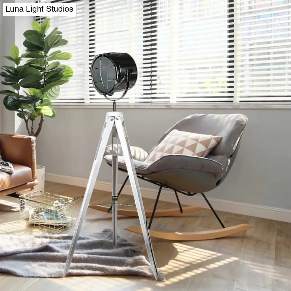 Industrial Loft Tripod Floor Lamp - Studio Spotlight Design - Metal and Wood - Black/White