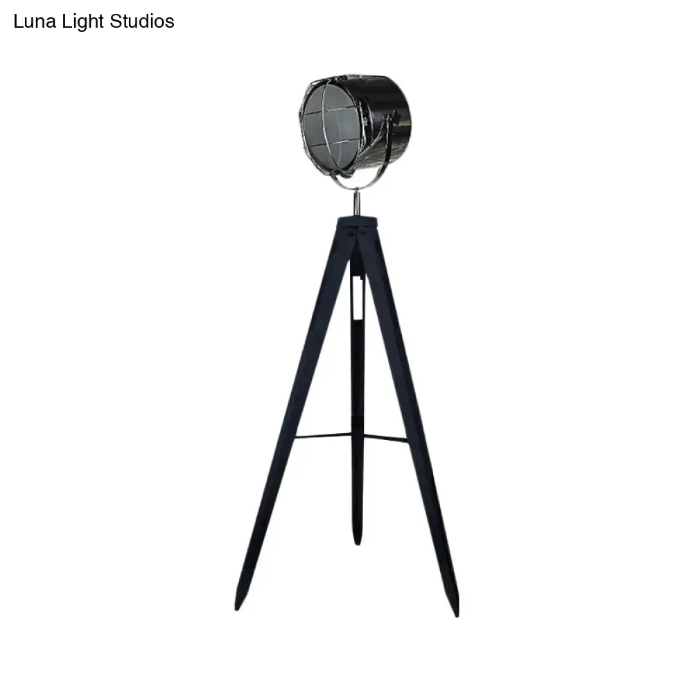 Industrial Loft Tripod Floor Lamp - Studio Spotlight Design - Metal and Wood - Black/White