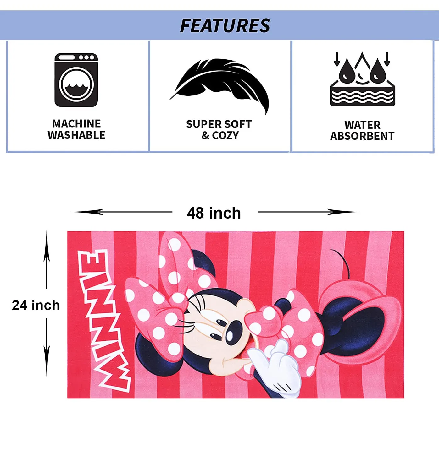 Kuber Industries Disney Minnie Kids Bath Towel|Soft Cotton Towel for Kids|Sides Stitched Baby Towel|400 GSM Toddler Bath Towel|24x48 Inch|Pack of 2 (Pink)