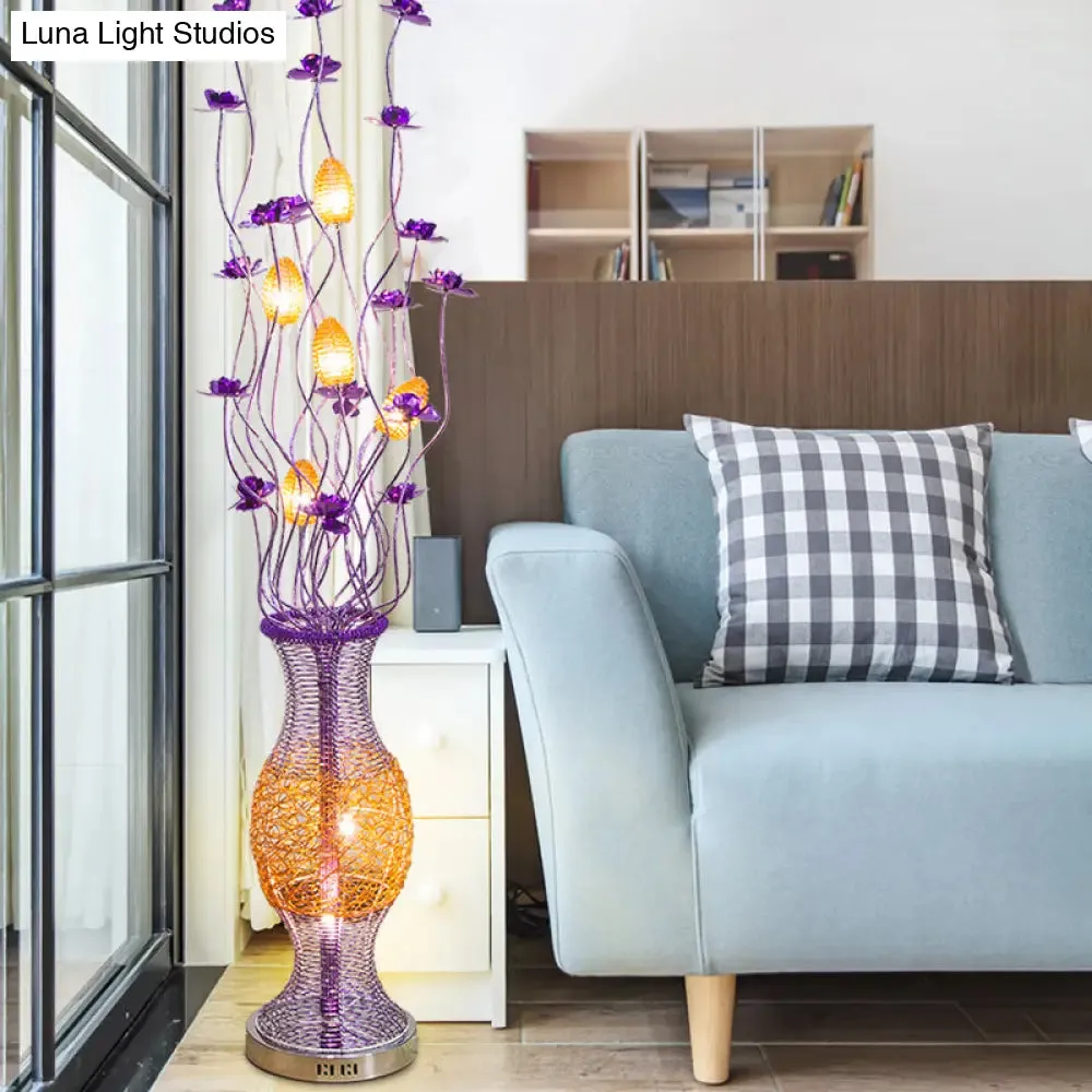 LED Aluminum Bloom Floor Lamp: Decorative Vine Shape with Purple Vase Pedestal - Reading Light