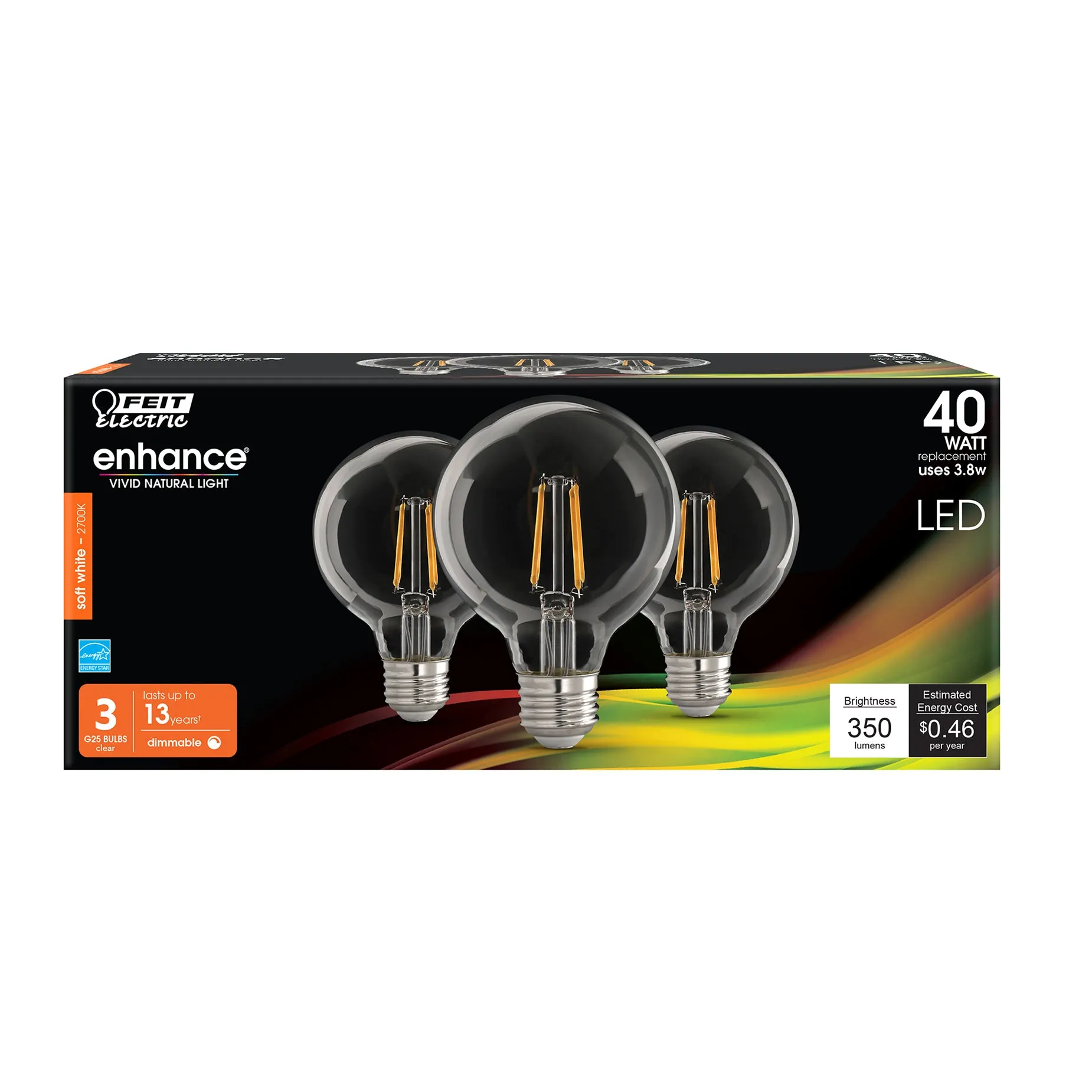 LED Bulbs, G25 Globe, 40W, 350 Lumens, Dimmable, Clear, 2700K, CEC Compliant , 3Pk