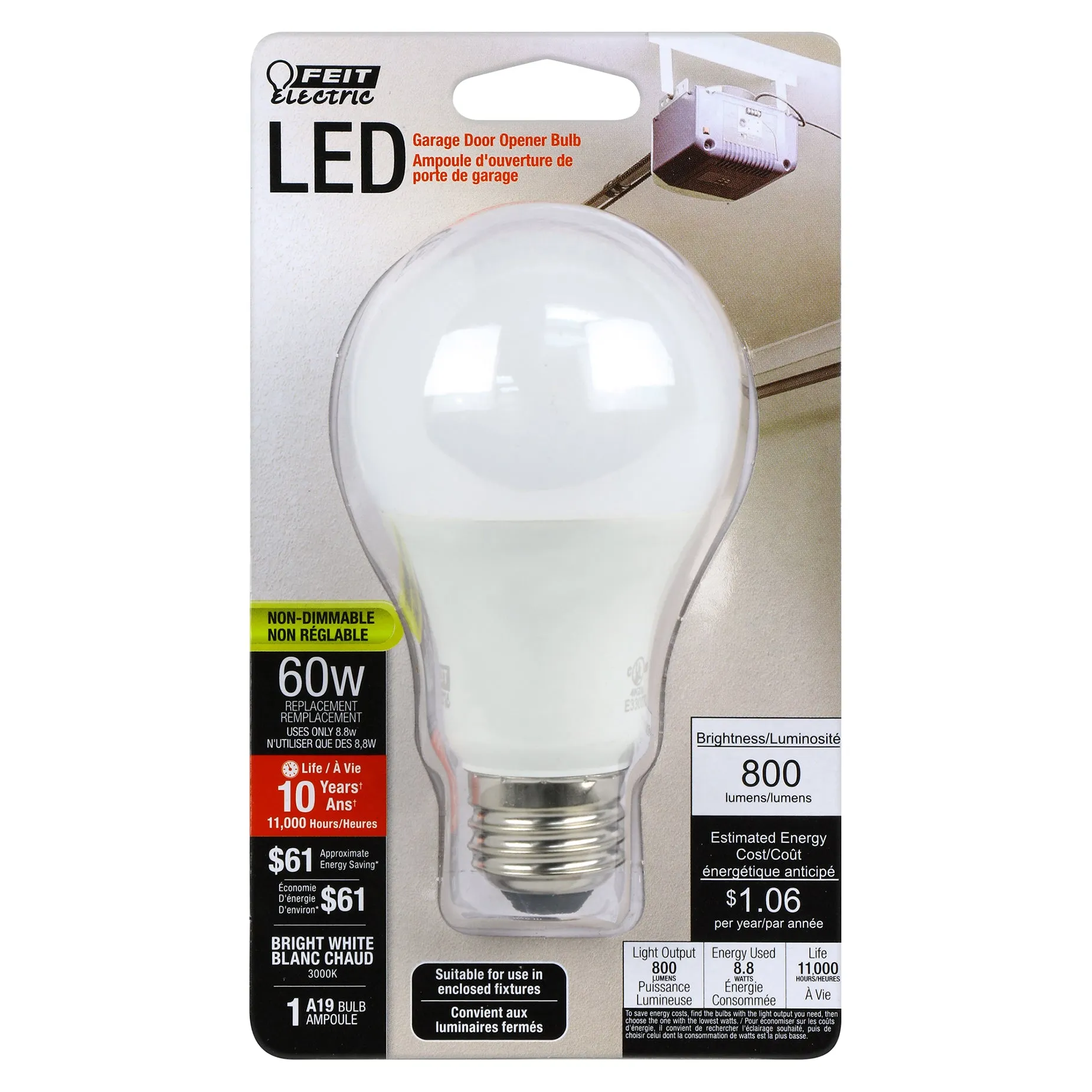 LED Light Bulb A19 60W, Non-Dimmable, 800 Lumens, 3000K, E26 Base