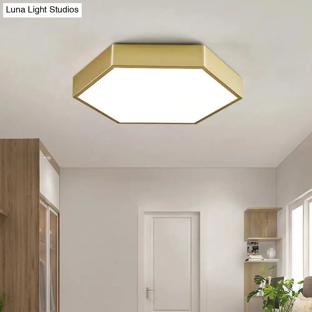 LED Living Room Ceiling Mounted Light - Gold Flush Fixture with Hexagon Metal Shade - 16"/19.5" W