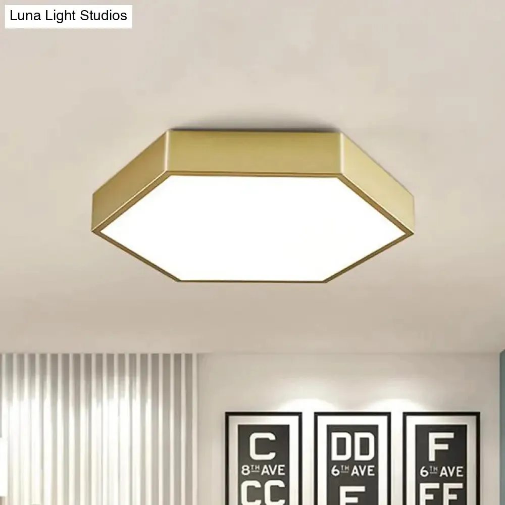 LED Living Room Ceiling Mounted Light - Gold Flush Fixture with Hexagon Metal Shade - 16"/19.5" W