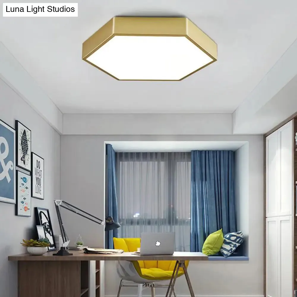 LED Living Room Ceiling Mounted Light - Gold Flush Fixture with Hexagon Metal Shade - 16"/19.5" W