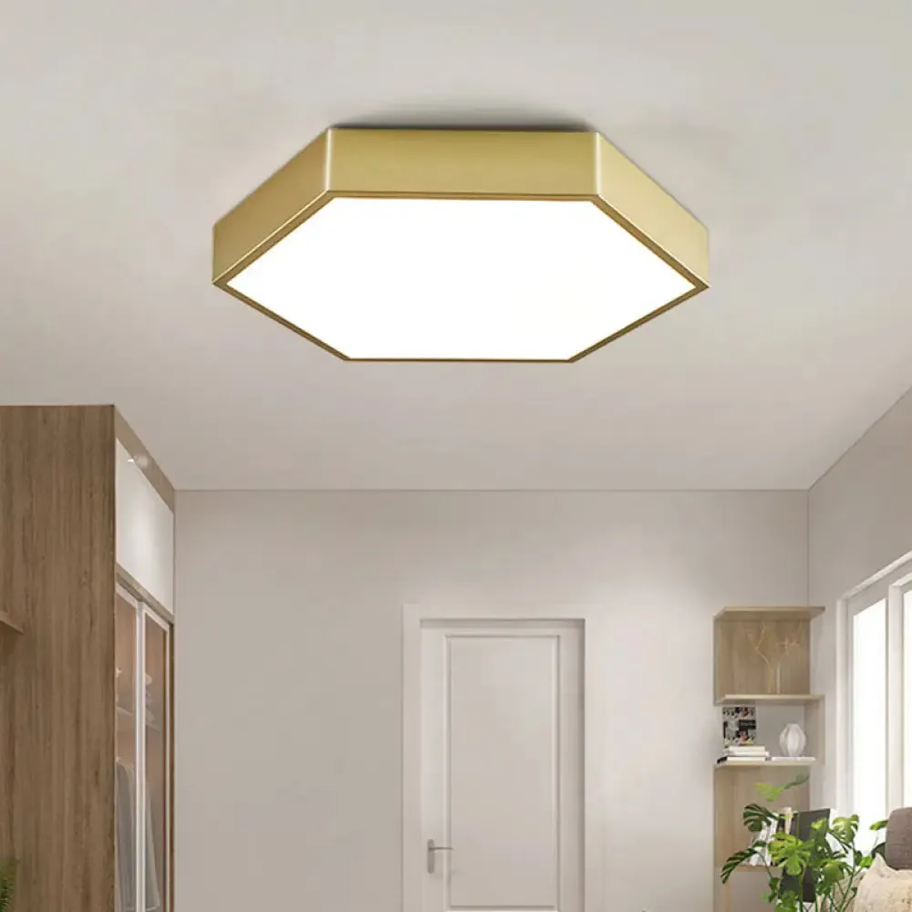 LED Living Room Ceiling Mounted Light - Gold Flush Fixture with Hexagon Metal Shade - 16"/19.5" W