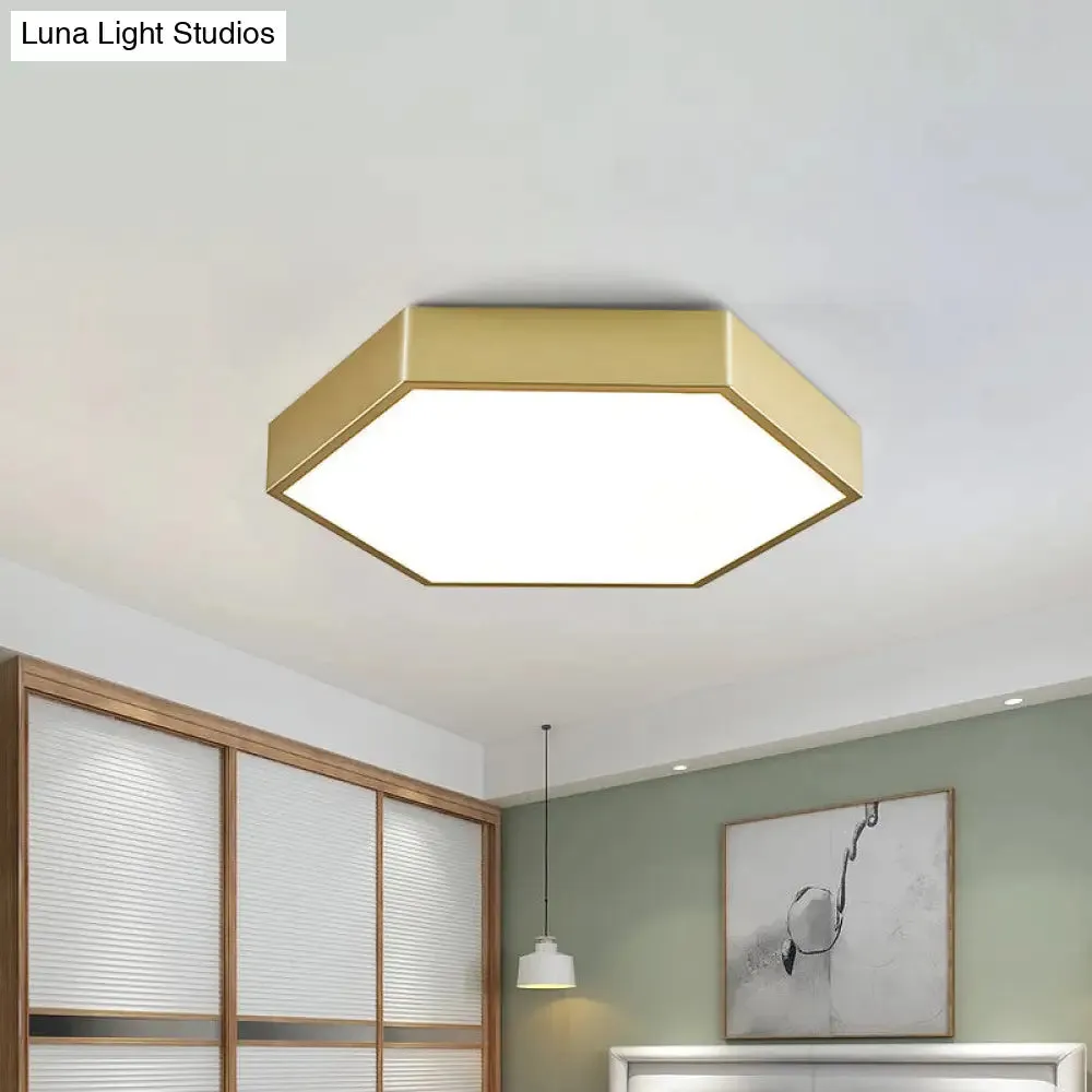 LED Living Room Ceiling Mounted Light - Gold Flush Fixture with Hexagon Metal Shade - 16"/19.5" W