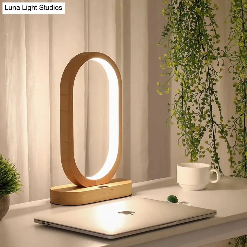 LED Nightstand Lamp - Beige Oblong Shape - Contemporary Design with Wood Shade - Perfect for Reading