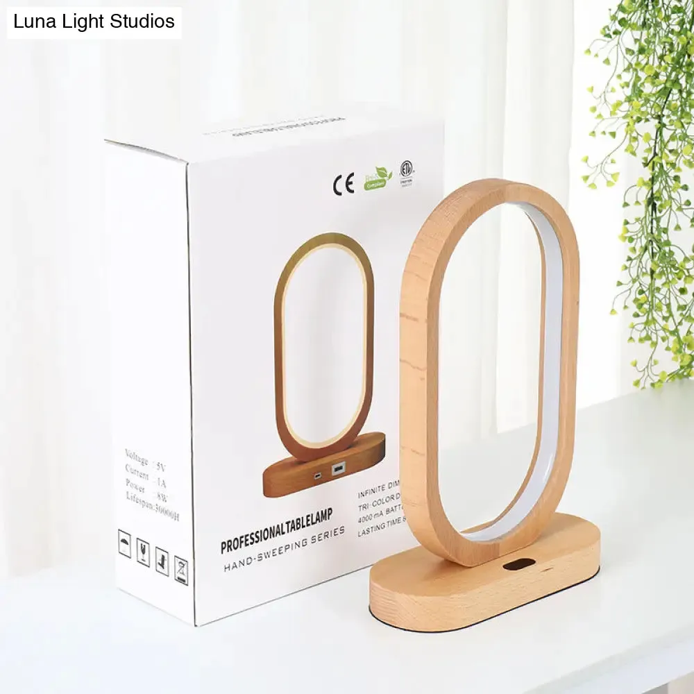 LED Nightstand Lamp - Beige Oblong Shape - Contemporary Design with Wood Shade - Perfect for Reading