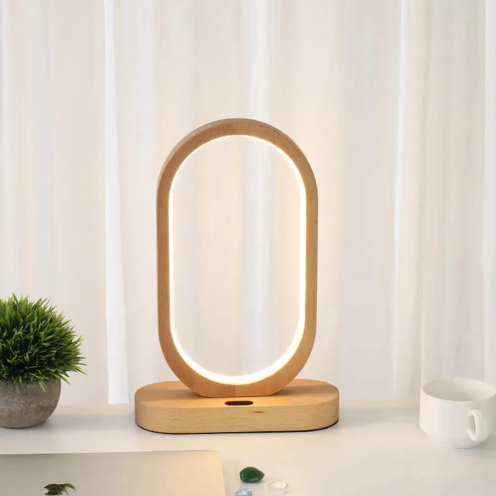 LED Nightstand Lamp - Beige Oblong Shape - Contemporary Design with Wood Shade - Perfect for Reading