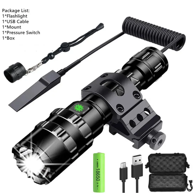 LED Tactical Hunting Flashlight USB Rechargeable Waterproof Torch Lamp Professional Shooting Night Scout Lights Set