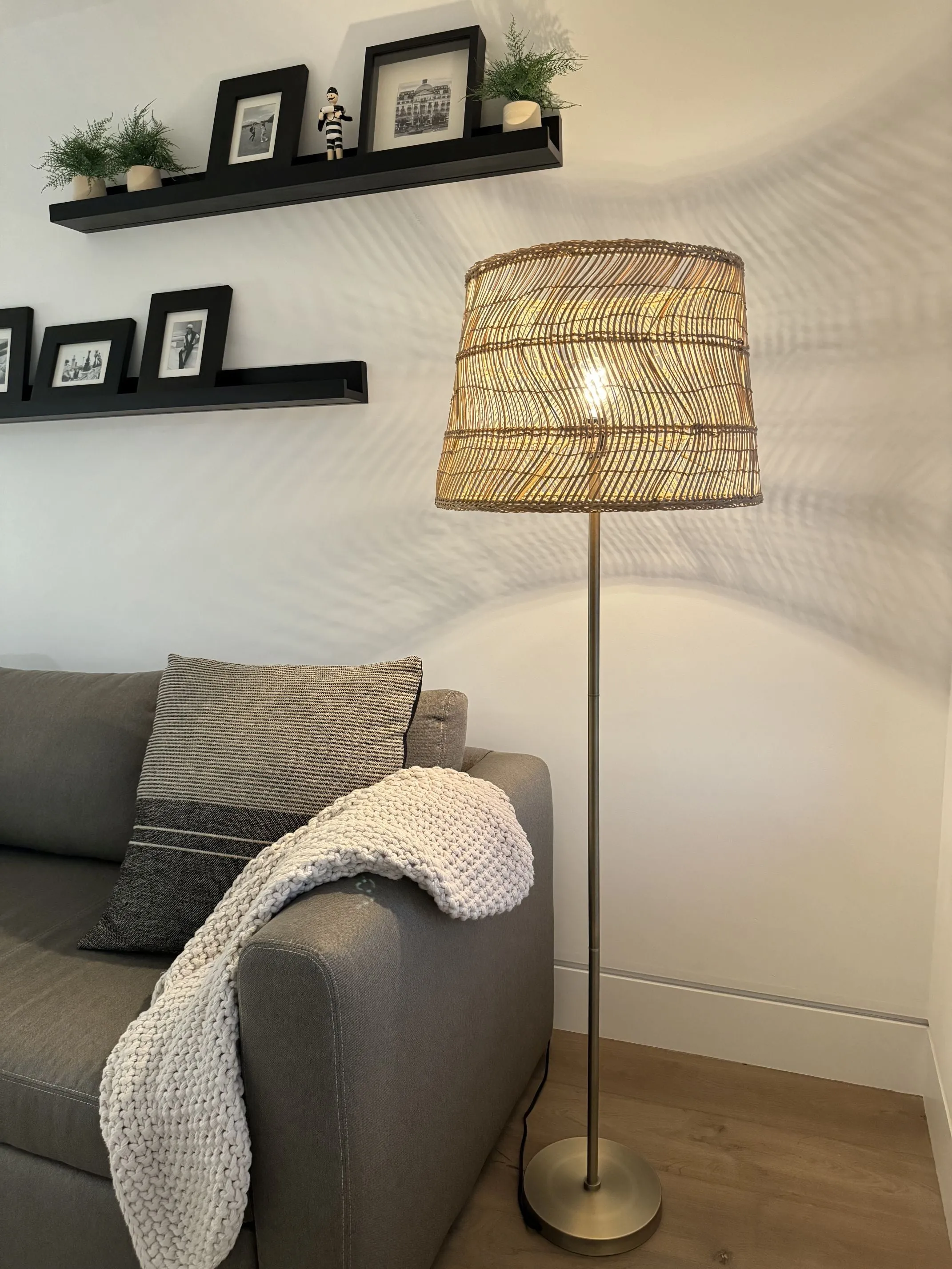 Luhu Open Weave Cane Rib Floor Lamp - Natural Shade with Brass Colored Stand