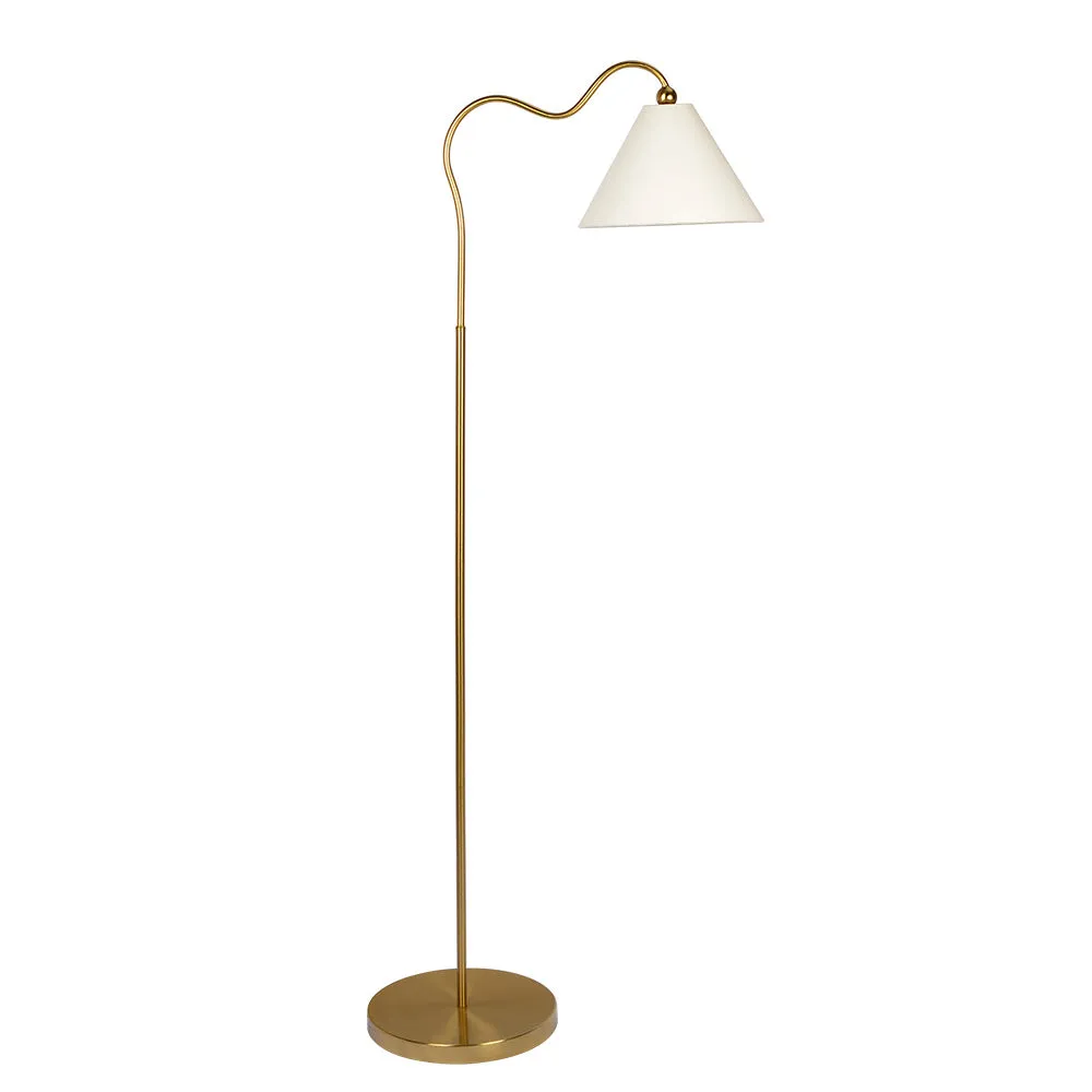 Majestic Brass Ring Base Curved Floor Lamp with Triangle White Drum Shade