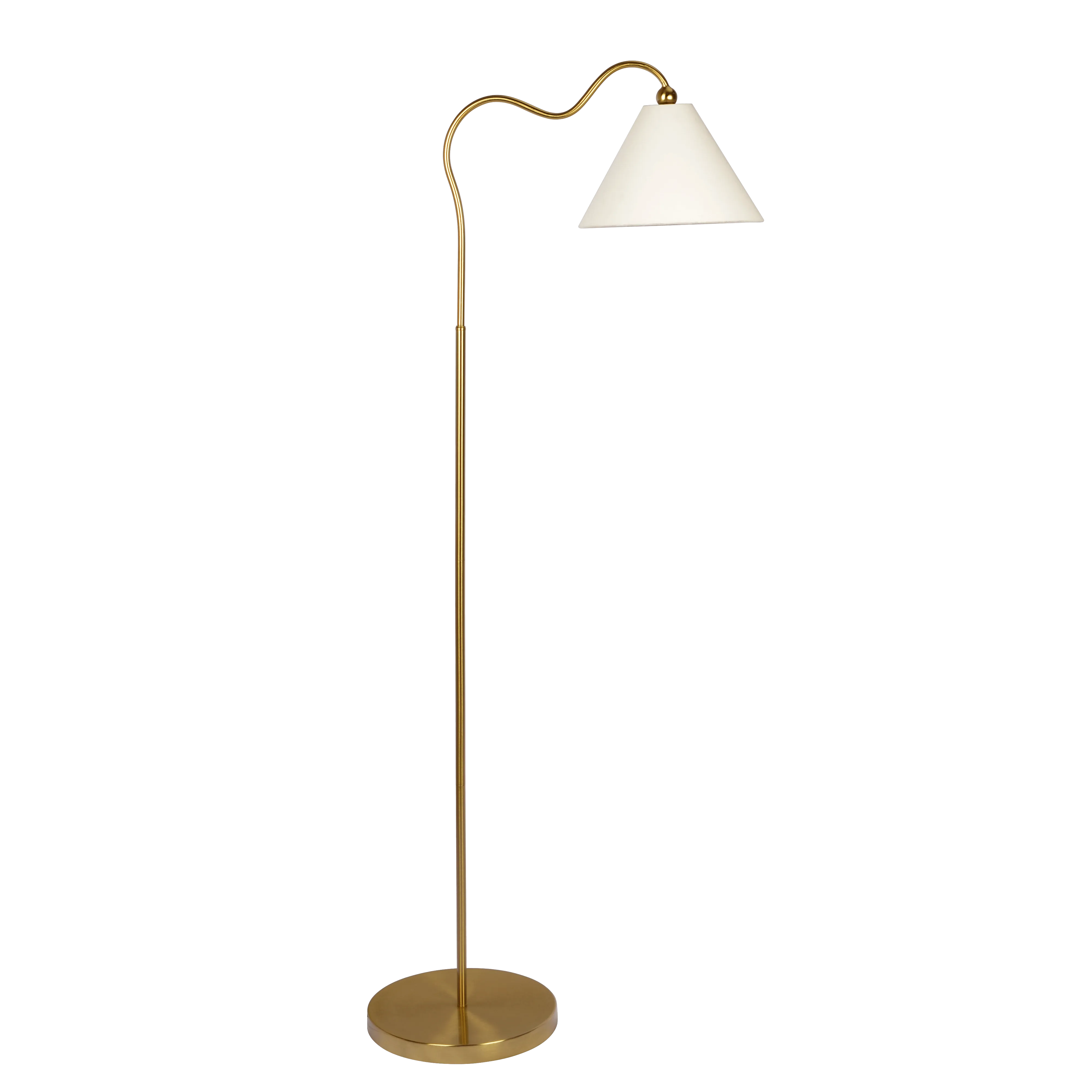 Majestic Brass Ring Base Curved Floor Lamp with Triangle White Drum Shade