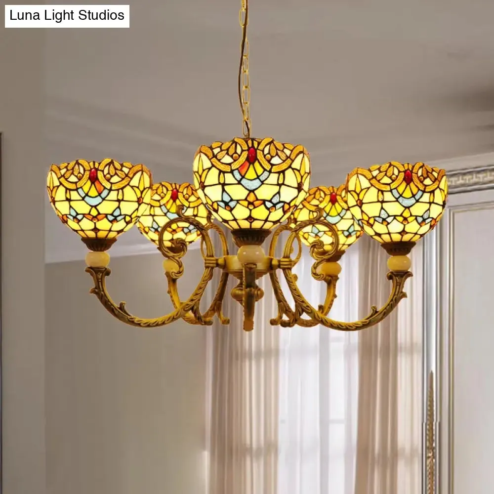 Mediterranean Stained Glass Dome Chandelier with 5 Orange and Blue Drop Pendants for Living Room Lighting