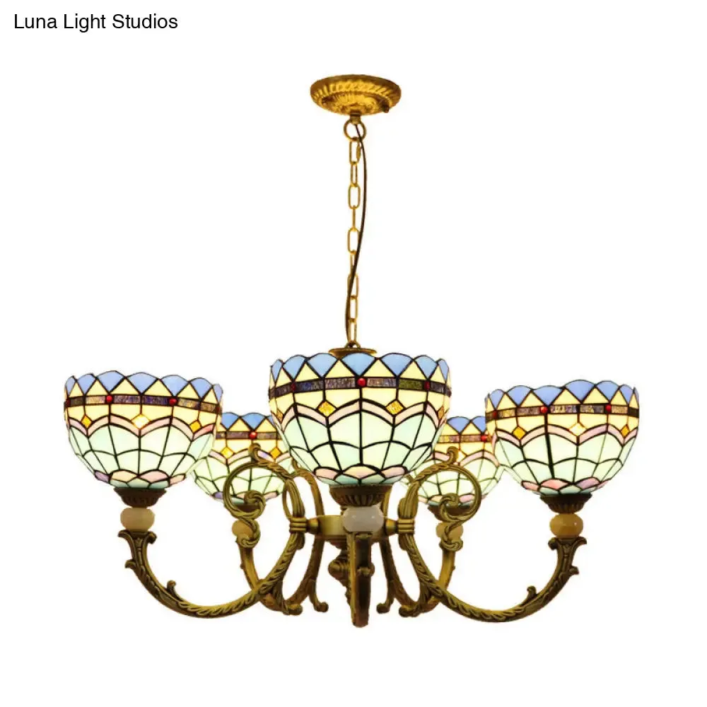 Mediterranean Stained Glass Dome Chandelier with 5 Orange and Blue Drop Pendants for Living Room Lighting