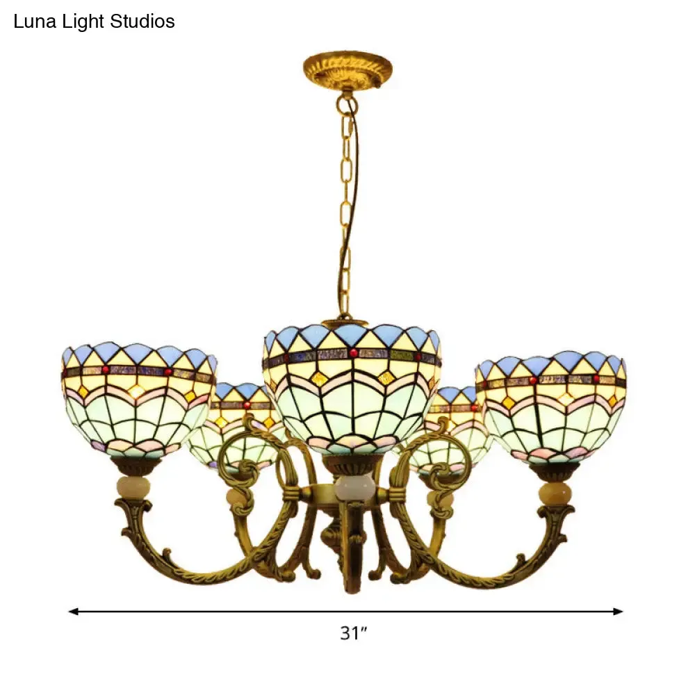 Mediterranean Stained Glass Dome Chandelier with 5 Orange and Blue Drop Pendants for Living Room Lighting