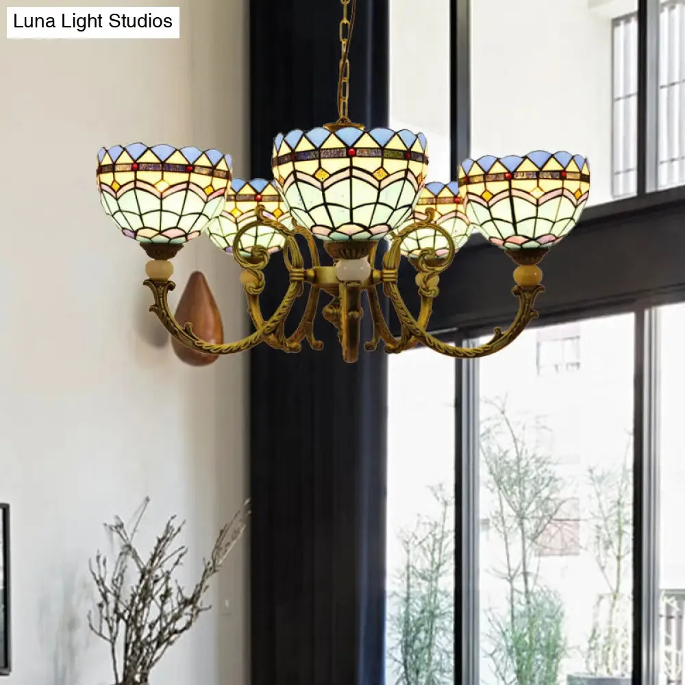 Mediterranean Stained Glass Dome Chandelier with 5 Orange and Blue Drop Pendants for Living Room Lighting