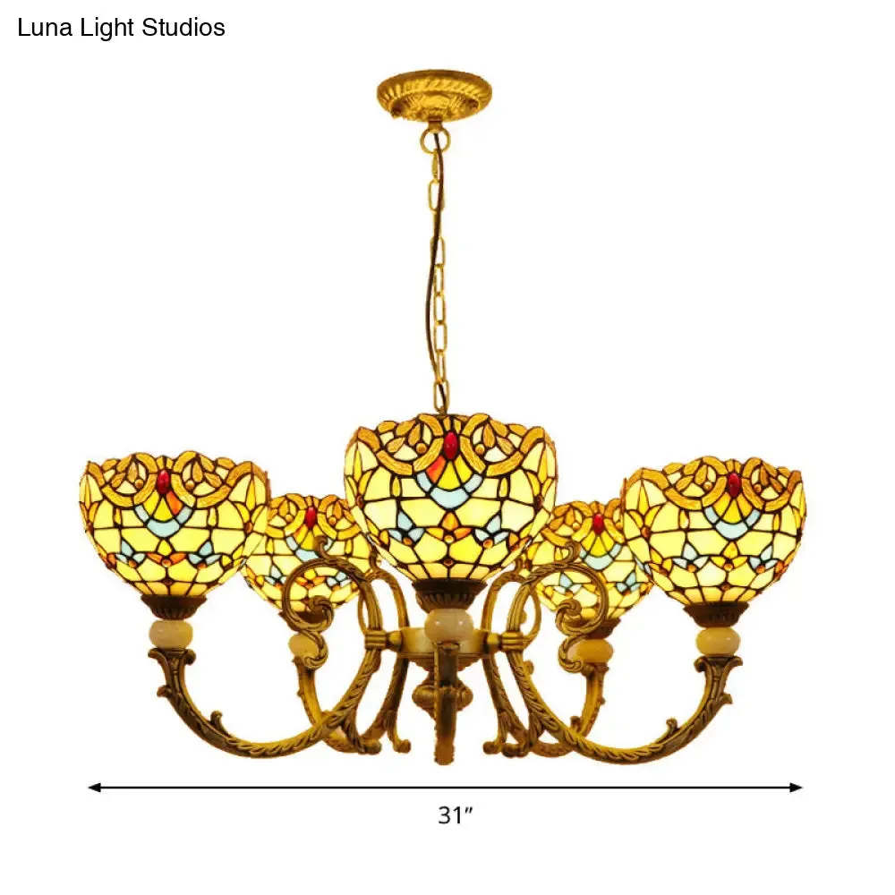 Mediterranean Stained Glass Dome Chandelier with 5 Orange and Blue Drop Pendants for Living Room Lighting