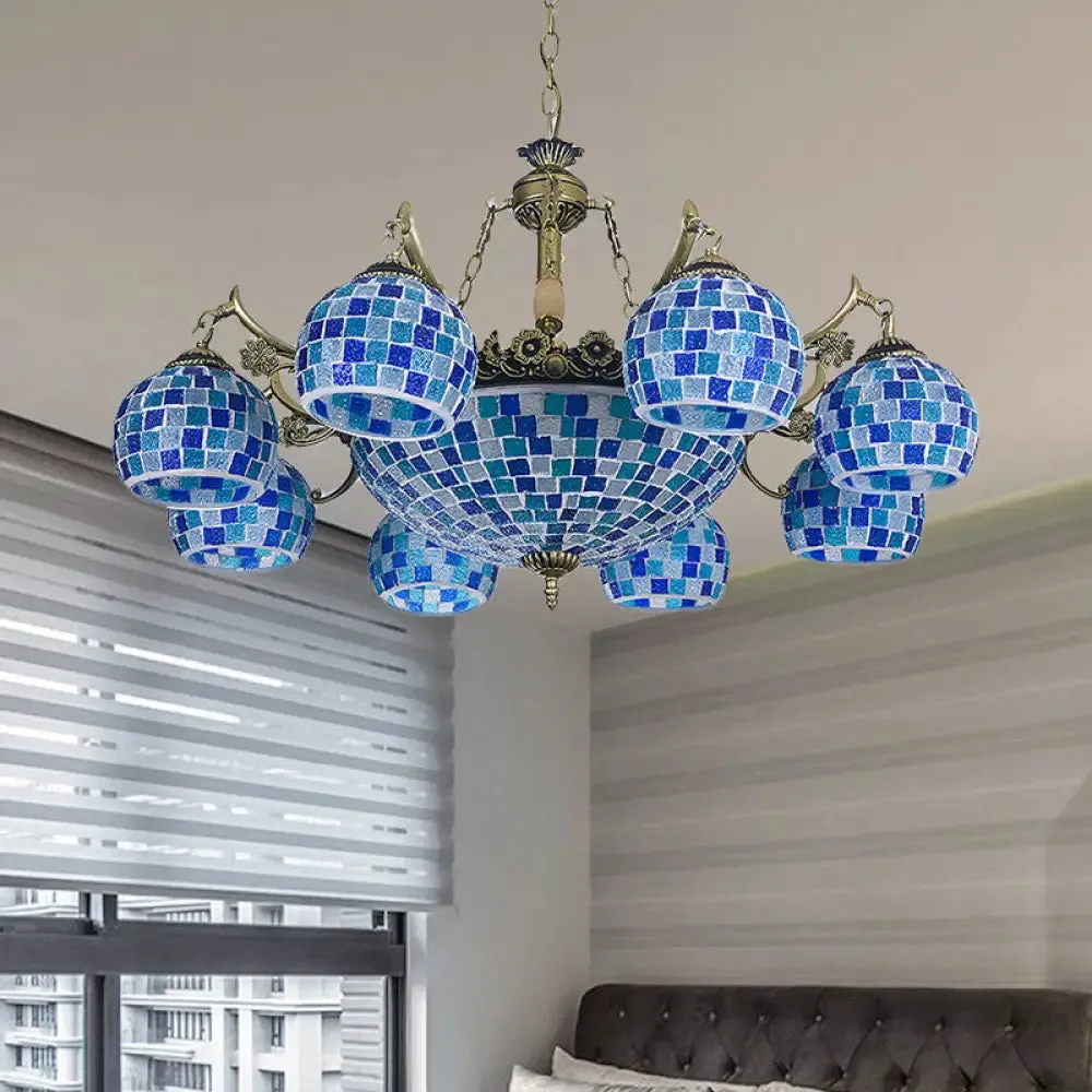 Mediterranean Stained Glass Globe Pendant Light with Blue Lights - Available in 5, 9, or 11