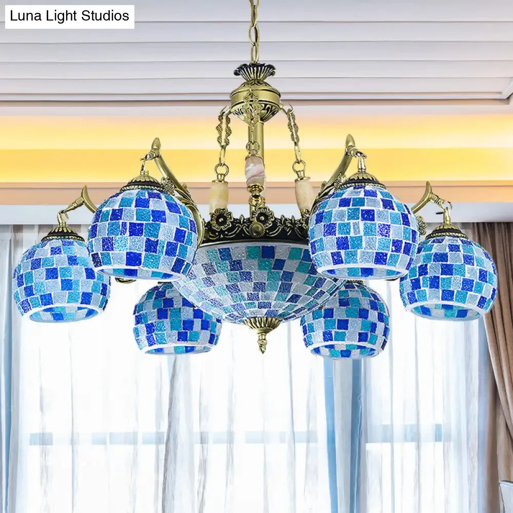 Mediterranean Stained Glass Globe Pendant Light with Blue Lights - Available in 5, 9, or 11