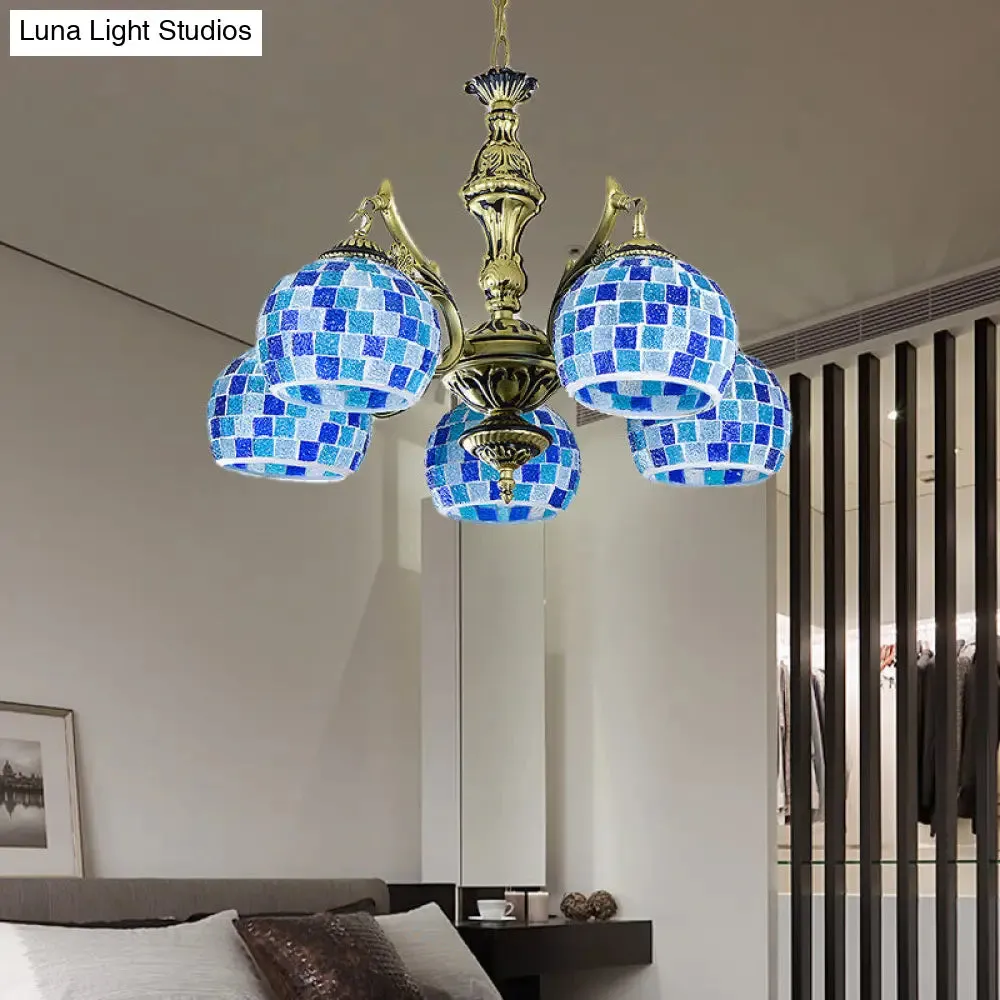 Mediterranean Stained Glass Globe Pendant Light with Blue Lights - Available in 5, 9, or 11