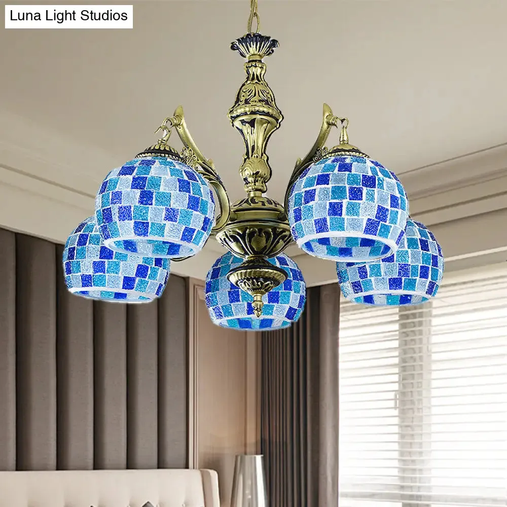 Mediterranean Stained Glass Globe Pendant Light with Blue Lights - Available in 5, 9, or 11