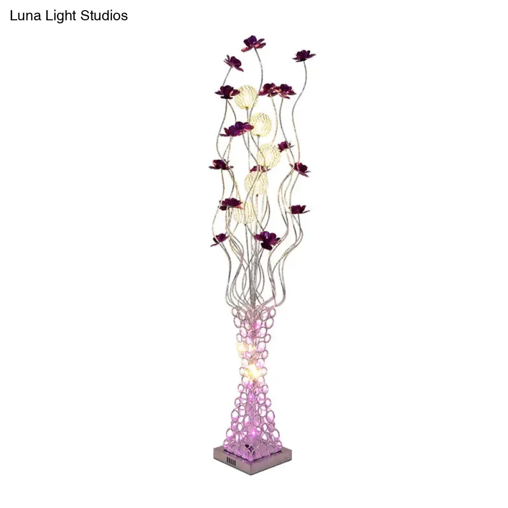 Metal Purple Floral LED Floor Reading Lamp with Hollowed Trapezoid Base - Standing Light Tree Branch Design