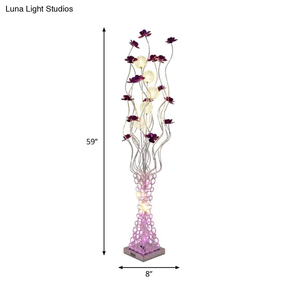 Metal Purple Floral LED Floor Reading Lamp with Hollowed Trapezoid Base - Standing Light Tree Branch Design