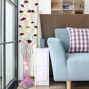 Metal Purple Floral LED Floor Reading Lamp with Hollowed Trapezoid Base - Standing Light Tree Branch Design