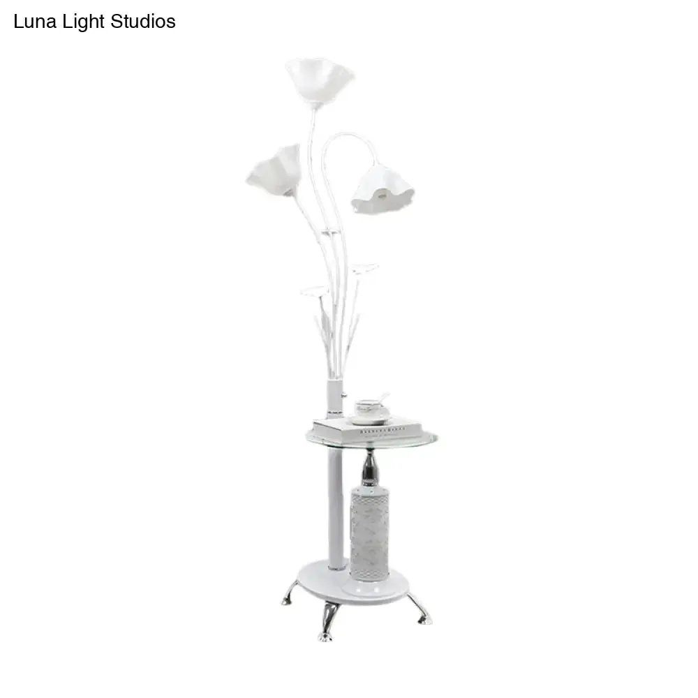 Metallic Floor Lamp: 3-Light Countryside Tree Design, Black/White, Guest Room Standing Up, Floral Shade