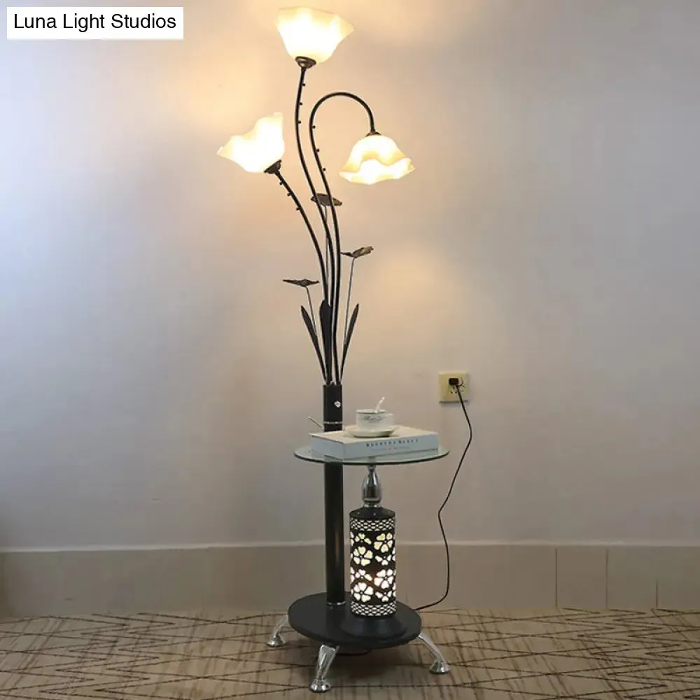 Metallic Floor Lamp: 3-Light Countryside Tree Design, Black/White, Guest Room Standing Up, Floral Shade