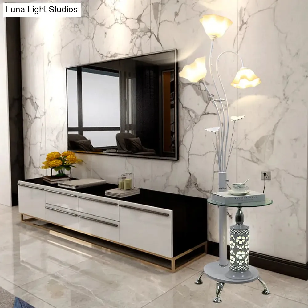 Metallic Floor Lamp: 3-Light Countryside Tree Design, Black/White, Guest Room Standing Up, Floral Shade