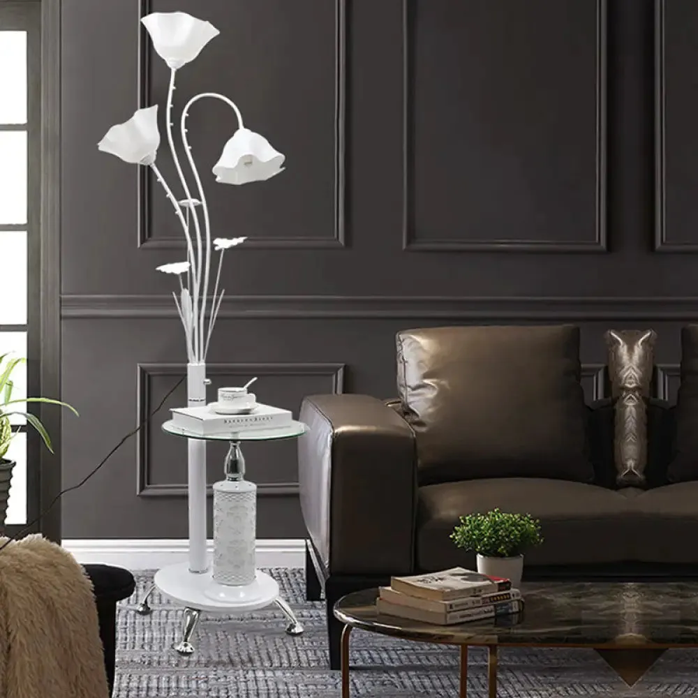 Metallic Floor Lamp: 3-Light Countryside Tree Design, Black/White, Guest Room Standing Up, Floral Shade