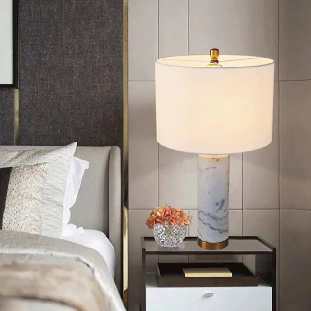 Minimalist Cylinder Table Lamp: 1-Light Fabric Night Light with Marble Pillar - Black/White