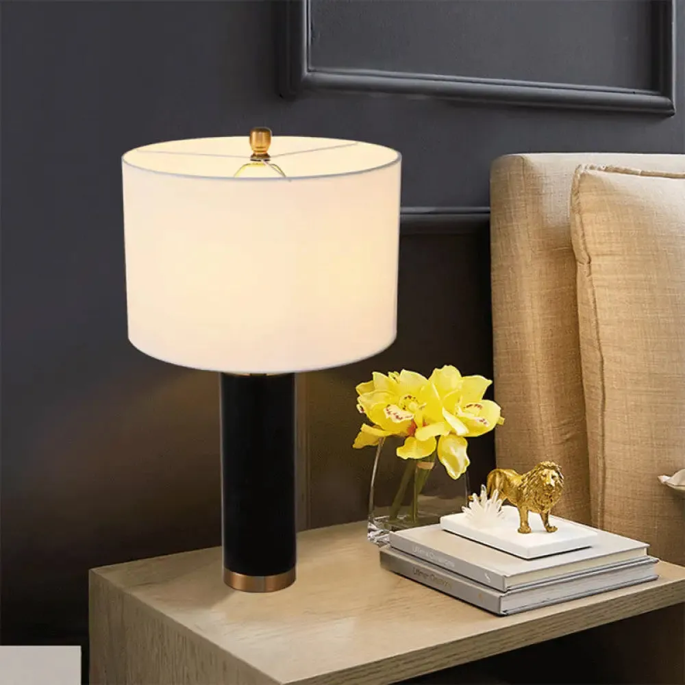 Minimalist Cylinder Table Lamp: 1-Light Fabric Night Light with Marble Pillar - Black/White