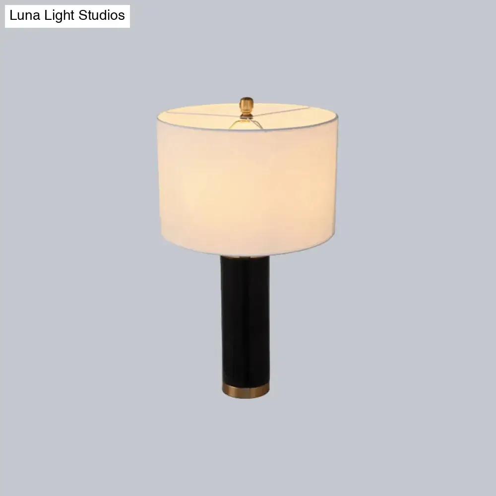 Minimalist Cylinder Table Lamp: 1-Light Fabric Night Light with Marble Pillar - Black/White