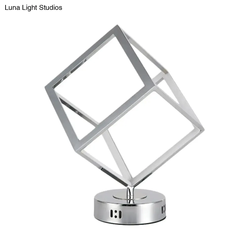 Minimalist Metal LED Bedside Lamp with Chrome Finish - Cubic Frame, Round Base