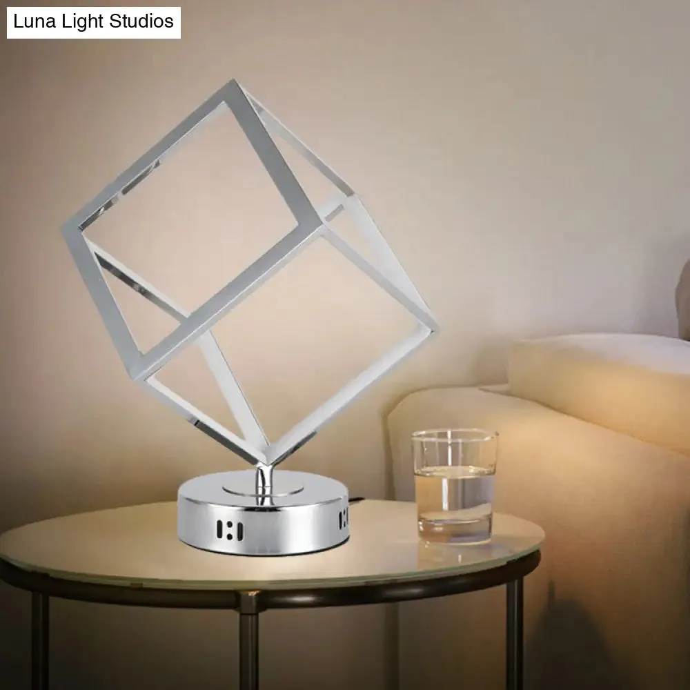 Minimalist Metal LED Bedside Lamp with Chrome Finish - Cubic Frame, Round Base