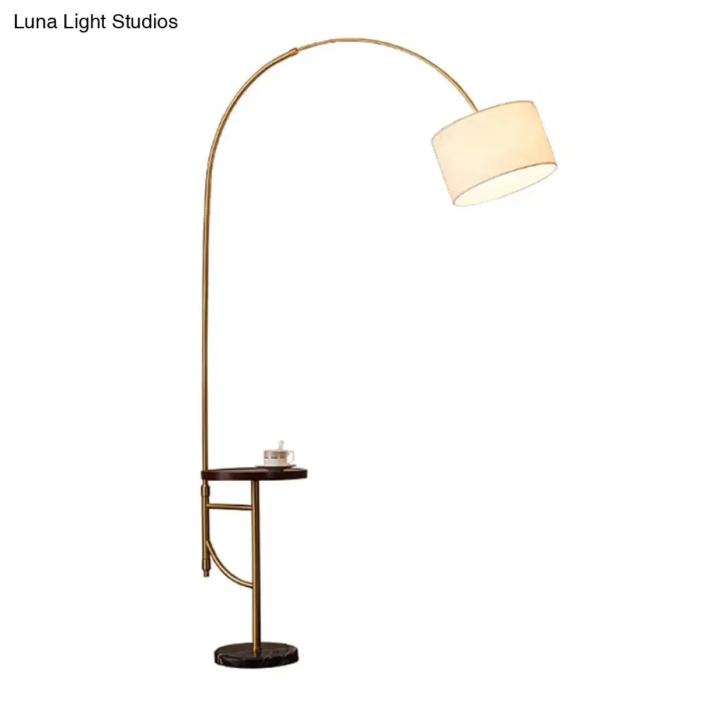 Minimalist Metallic Arched Floor Lamp with Drum Fabric Shade in Gold