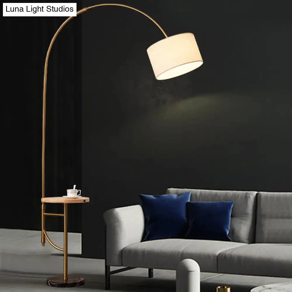 Minimalist Metallic Arched Floor Lamp with Drum Fabric Shade in Gold